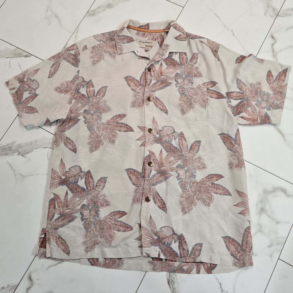 Tommy Bahama Cream Floral 100% Silk Button Down Men's Tropical Shirt Size L